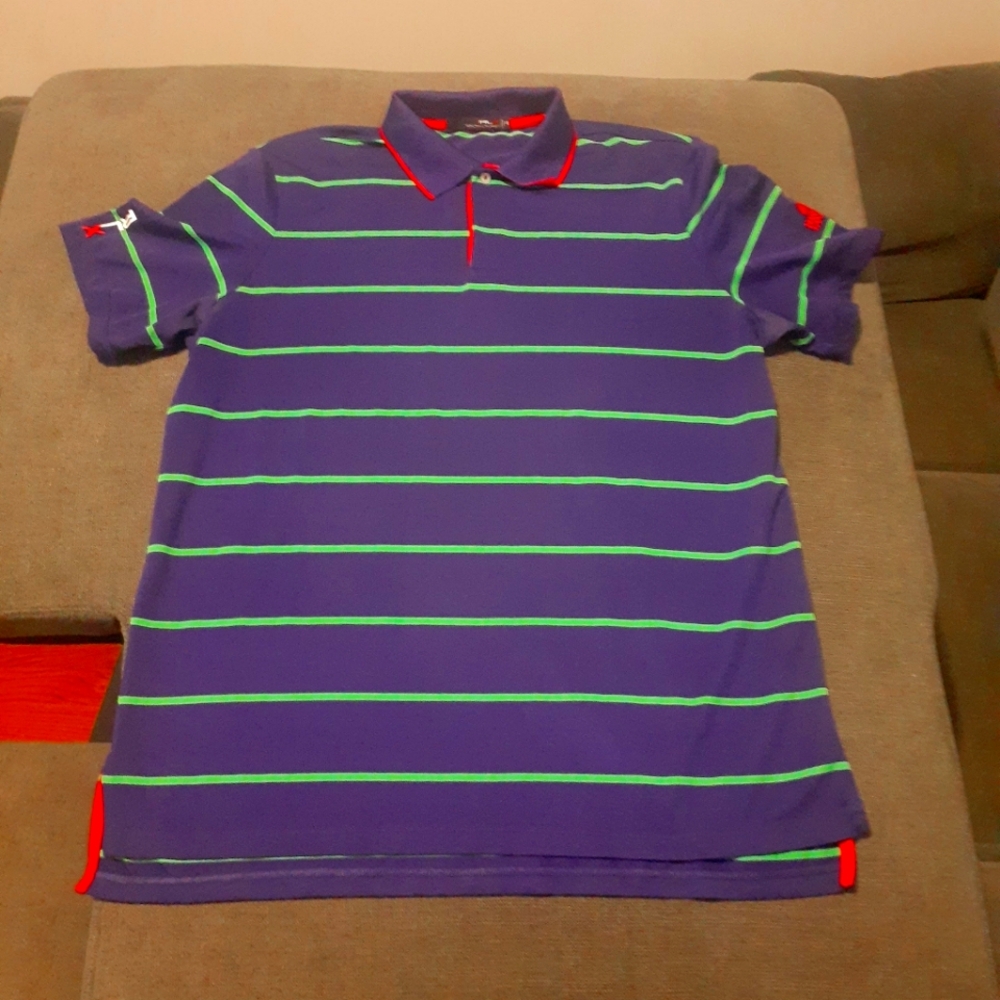 Ralph Lauren RLX Golf Polo Shirt XL Purple Green Striped Logo SS Harmony Landing